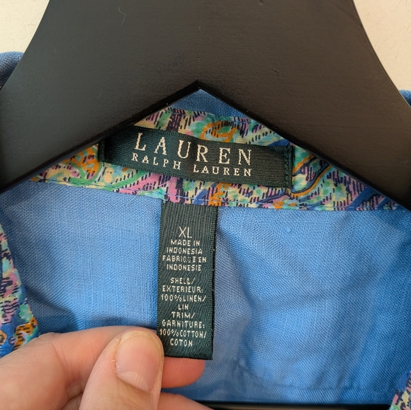 Lauren Ralph Lauren Women's Blue 100% Linen Pocket Button Up Shirt Roll Tab XL - Picture 5 of 6